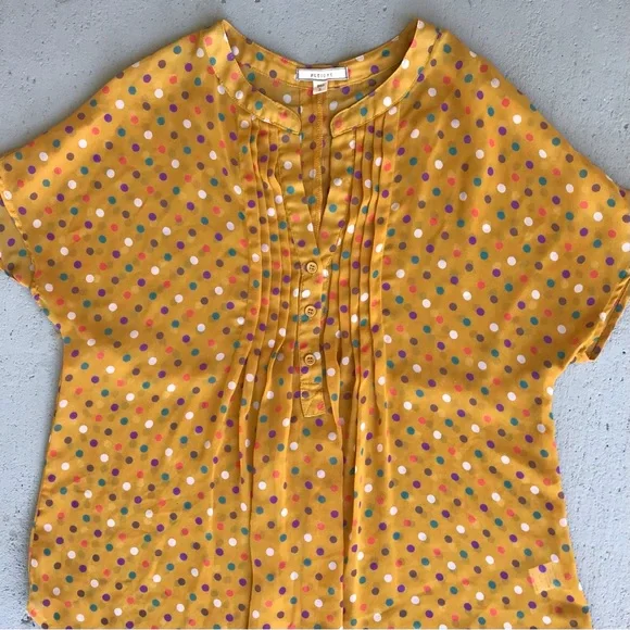 PLEIONE Pintucked Pleated Multicolor Polka Dot Pullover Cap Sleeve Sheer Blouse - Picture 3 of 4